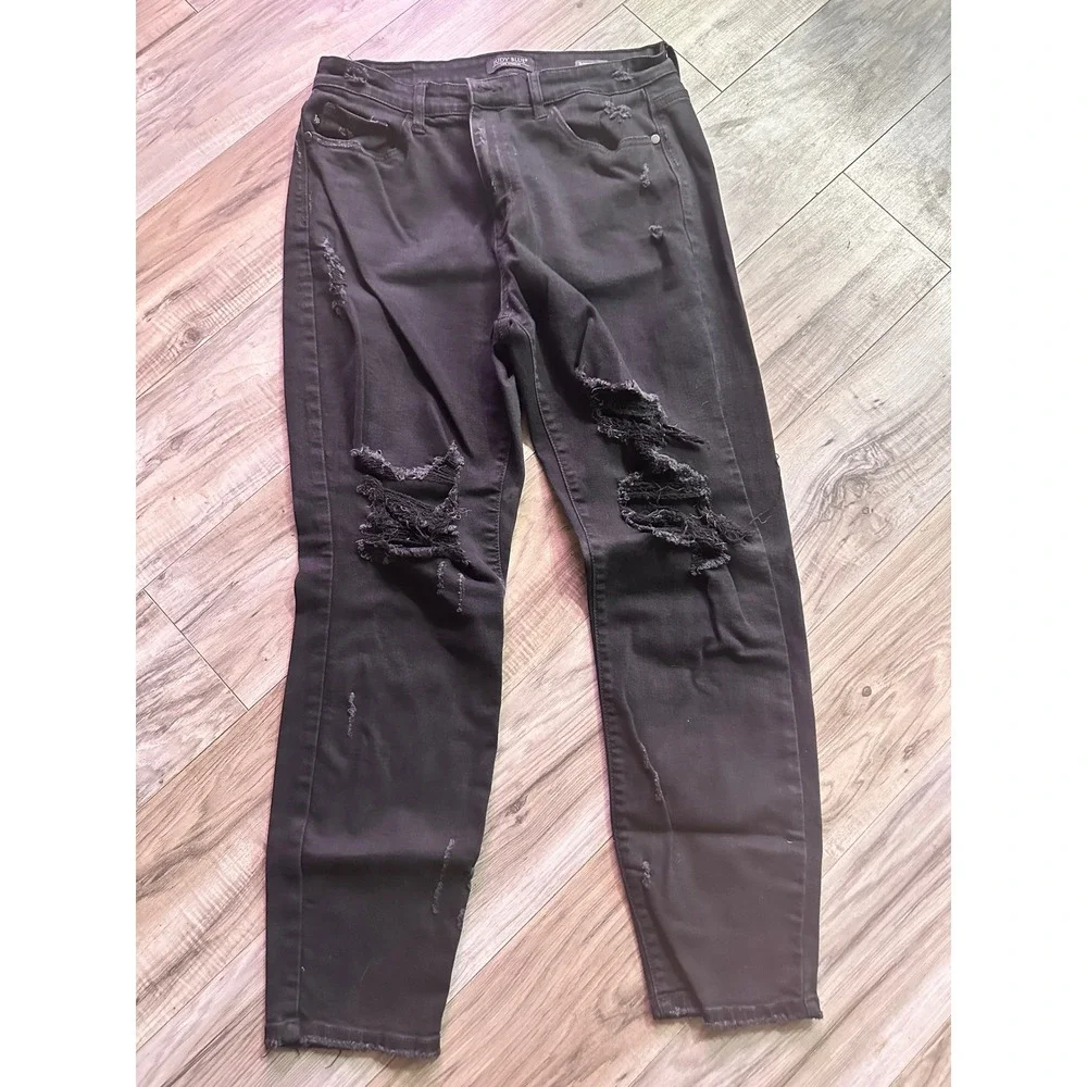 Judy Blue Black Distressed Boyfriend Fit Jeans High Rise‎ Ripped Denim 13/31